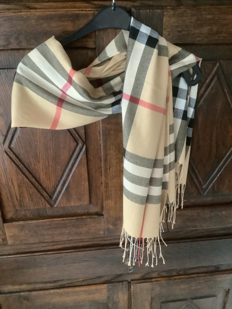 Geruite wit-beige sjaal, shawl, das met franjes; NIEUW, Ophalen of Verzenden, Nieuw, Maat 38/40 (M), Sjaal