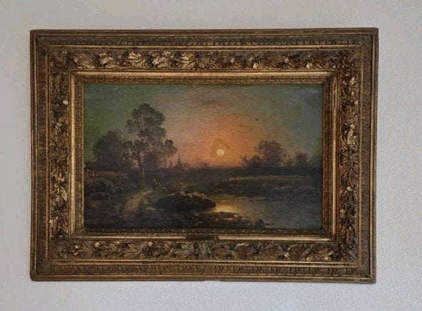 Sfeervol Landschap Schilderij met Zonsondergang, Gesigneerd, Antiek en Kunst, Ophalen