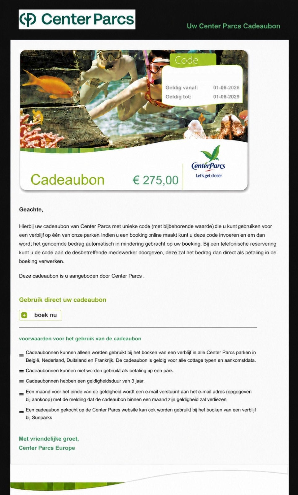 Centerparcs cadeaubon van €275,-, Tickets en Kaartjes, Drie personen of meer, Kortingskaart