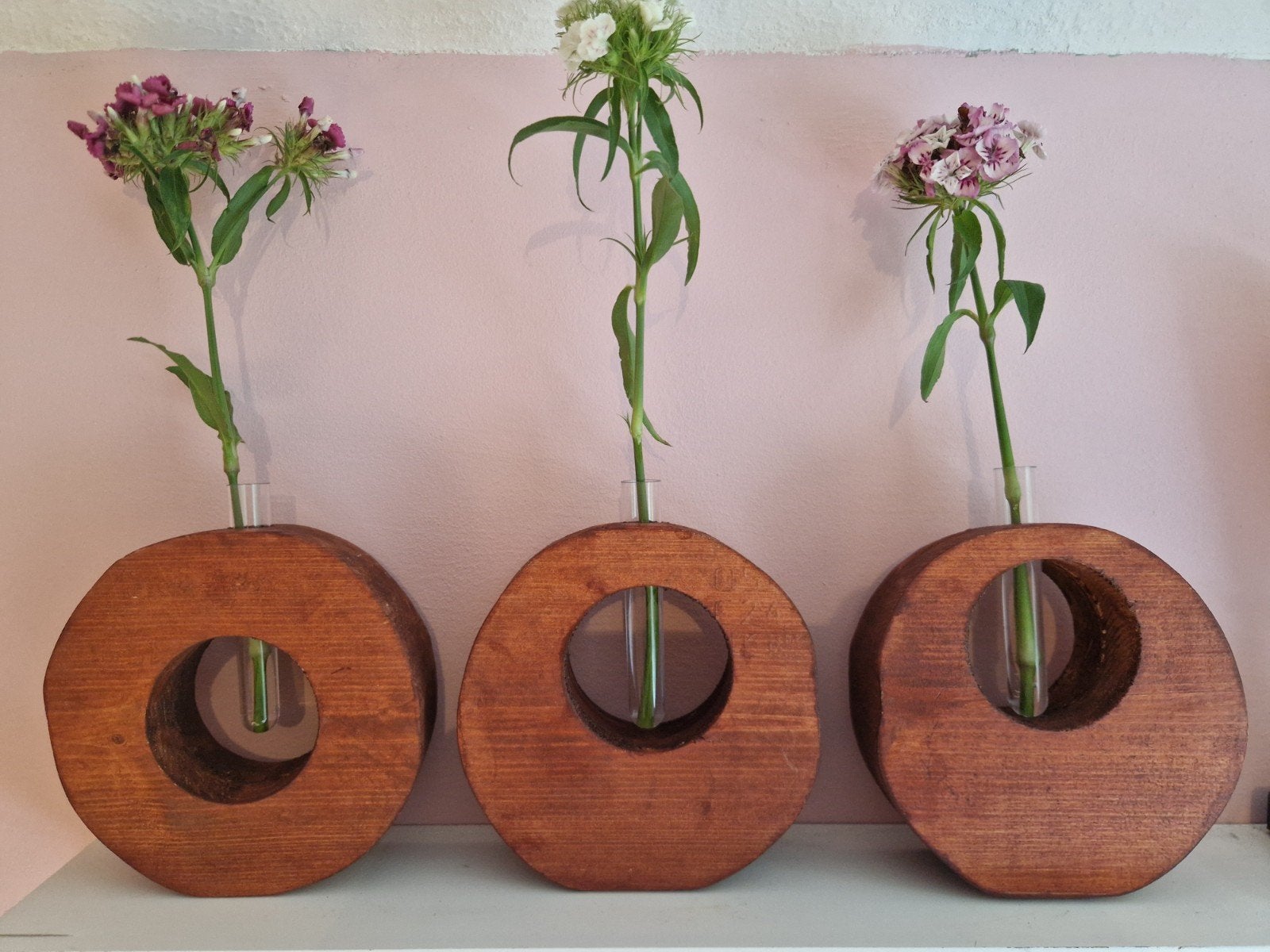 Set van 3 houten vazen met reageerbuisjes, Ophalen, Zo goed als nieuw, Overige kleuren, Overige materialen