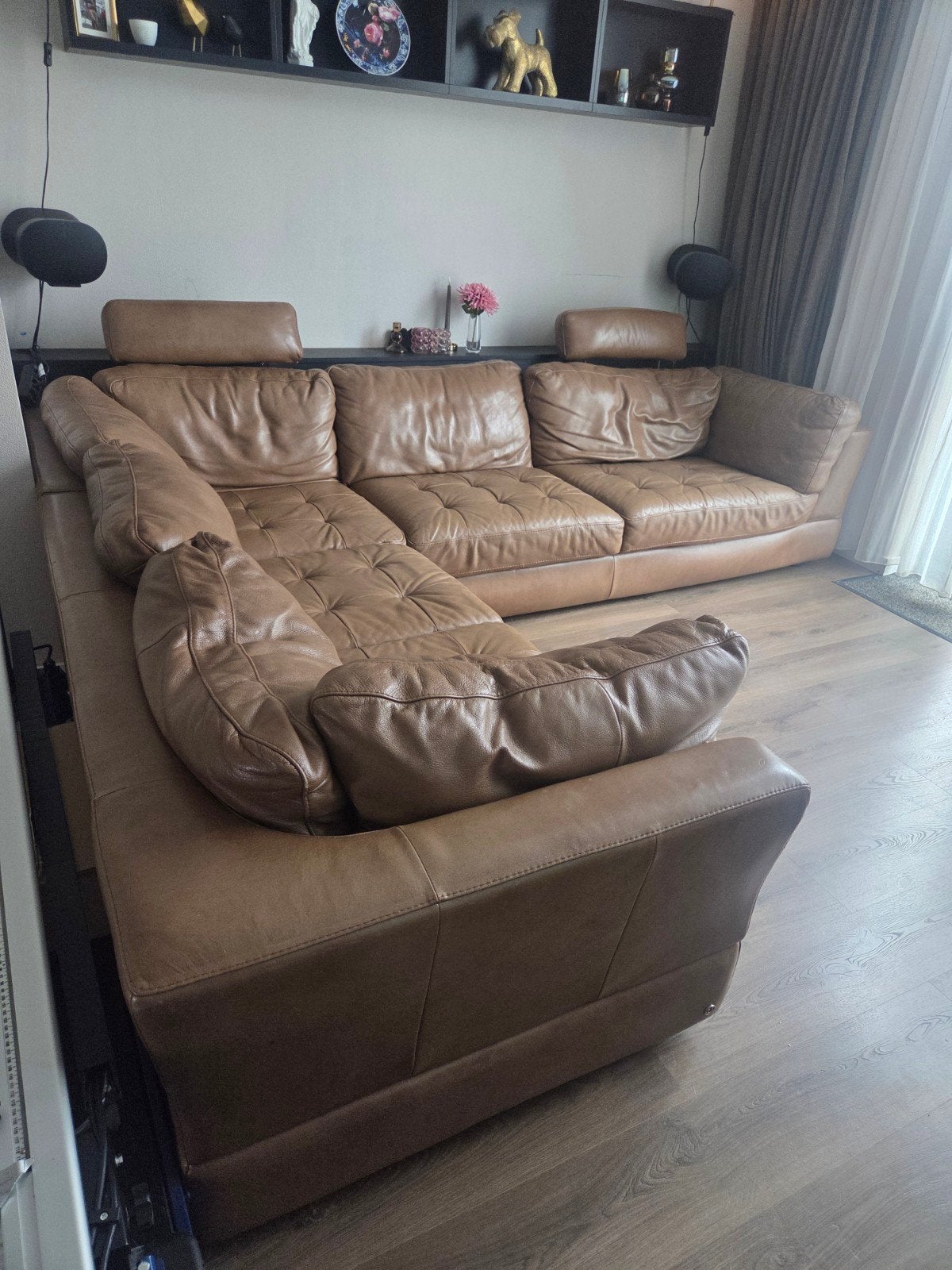 Bruin Leren Hoekbank Natuzzi, Ophalen, 250 tot 300 cm, Gebruikt, Hoekbank