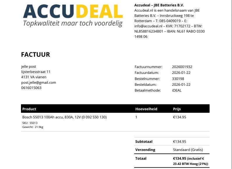 Bosch auto accu S5013 - 100Ah - 830A, Nieuw, Universele onderdelen