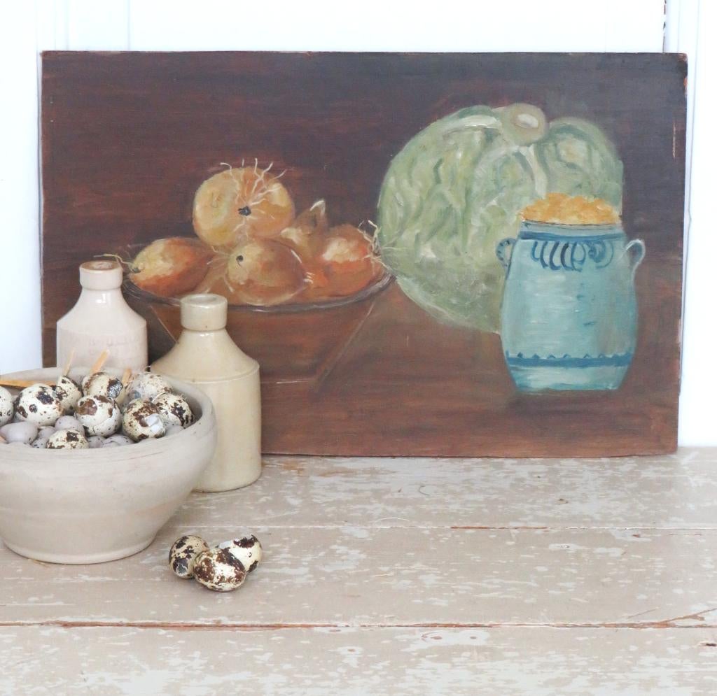 Frans stilleven “Uien, sla en grespot”, Ophalen of Verzenden
