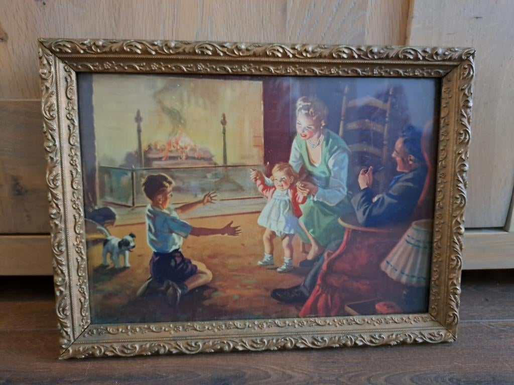 Oud schilderij gezin kindjes leren lopen warme tint 33-25cm, Antiek en Kunst, Ophalen of Verzenden