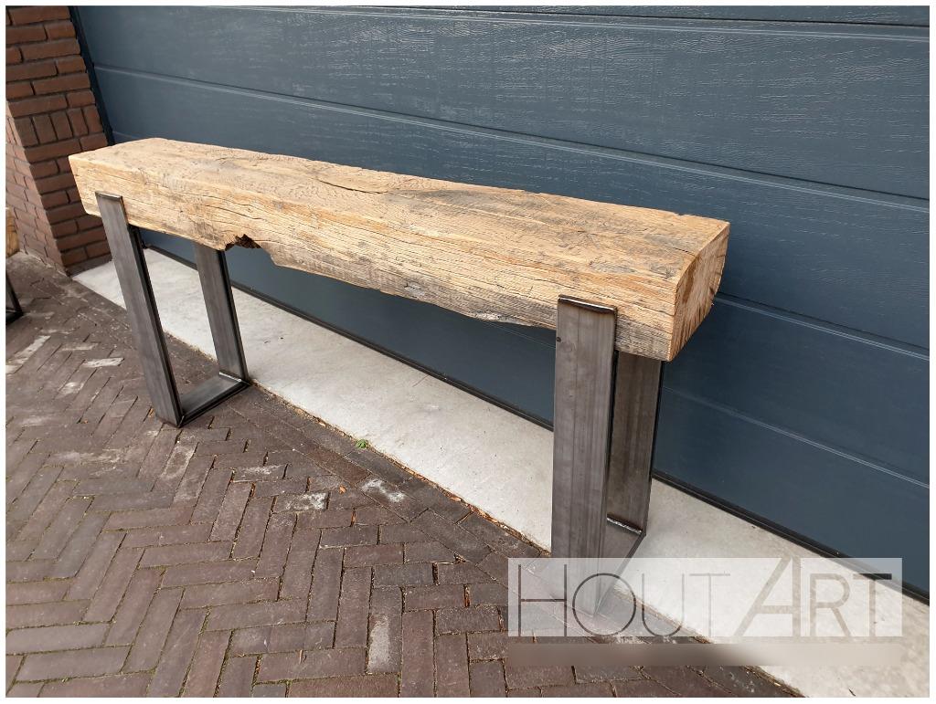 Sidetable / bijzettafel oud eiken bielzen upoot, Info@hout-art.nl, Ophalen of Verzenden, Industrieel, Hout-Art