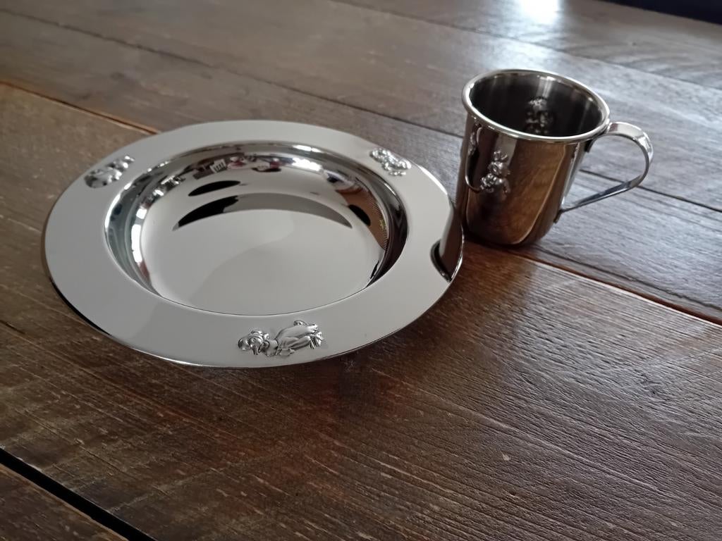 Bord en beker kind • verzilverd, Antiek en Kunst, Ophalen of Verzenden, Zilver