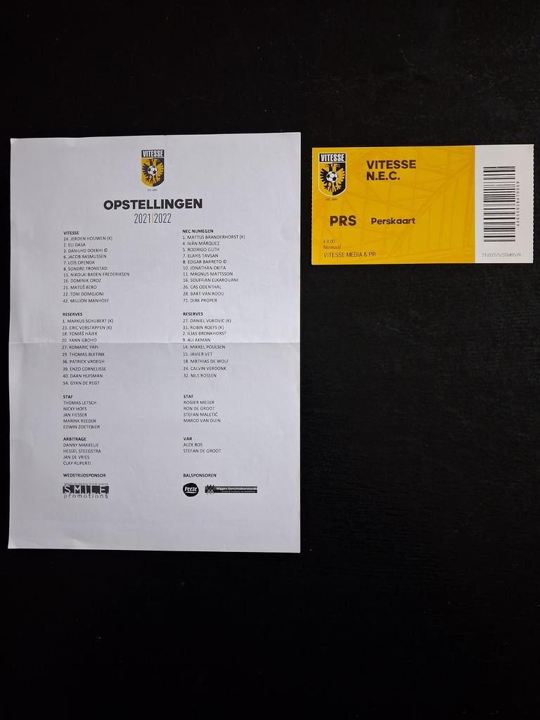 Line up en ticket Vitesse - NEC 2021/2022., Ophalen of Verzenden, Zo goed als nieuw, Vitesse