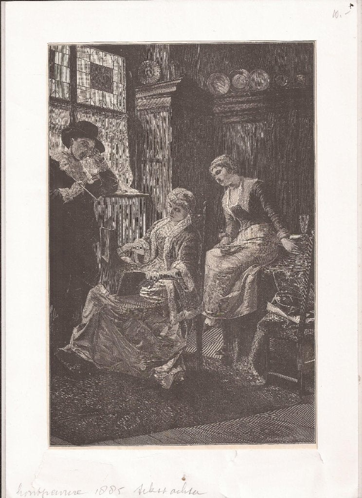 Een oud Lied. Houtgravure naar Schilderij v. Kreling 1885, 1800 - 1899, Ophalen of Verzenden, Gravure, Met tekst