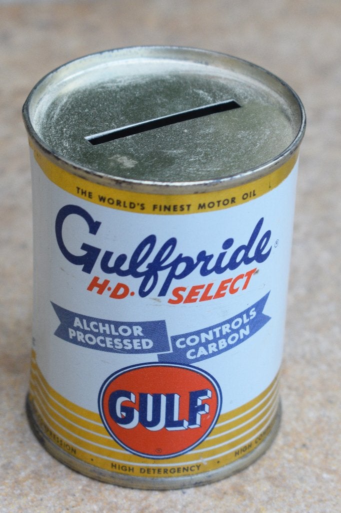 Amerikaanse olie blik Gulf 1950 spaarpot, Ophalen of Verzenden, Gebruikt, Reclamebord