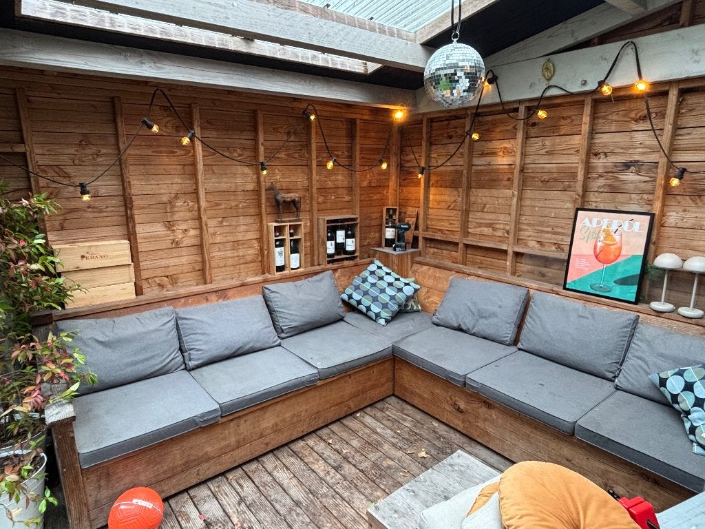 Houten lounge hoek 280 x 280 cm, Tuin en Terras, Ophalen, Gebruikt, Loungeset, Bank