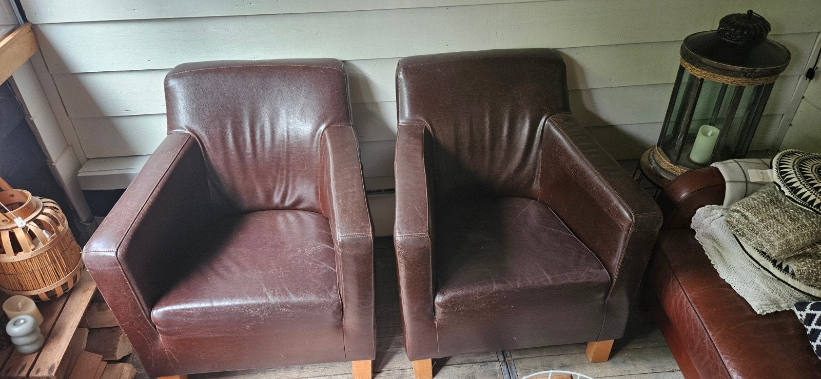 Bruin leren fauteuils, Huis en Inrichting, Ophalen, Gebruikt, Eenpersoons, Minder dan 150 cm