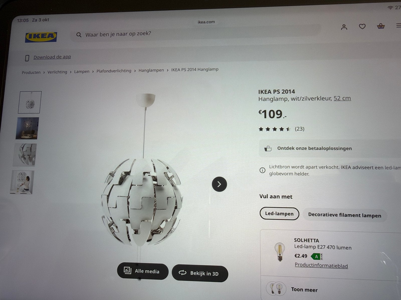 IKEA PS 2014 Hanglamp, wit/zilverkleur, 52 cm, Ophalen, Zo goed als nieuw, Kunststof, E27 (groot)