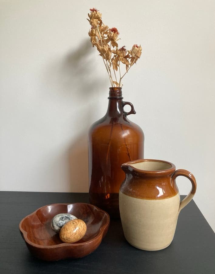 Vintage kruik, glazen kruik, teak schaal, marmeren eieren, Ophalen of Verzenden