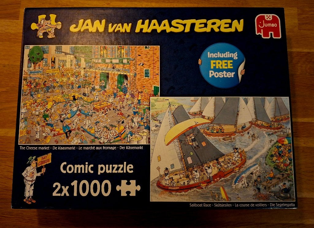 Jan van Haasteren puzzel kaasmarkt en skûtsjesilen 2x1000st, Ophalen of Verzenden, 500 t/m 1500 stukjes, Zo goed als nieuw, Legpuzzel