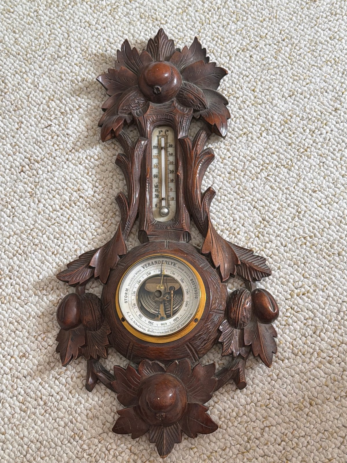 Antieke Barometer en Thermometer - Houtsnijwerk, Ophalen of Verzenden, Gebruikt, Barometer