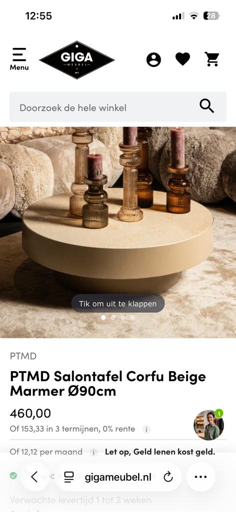 PTMD Salontafel Corfu Beige Marmer Ø90cm, Overige materialen, Rond, Zo goed als nieuw, Minder dan 50 cm