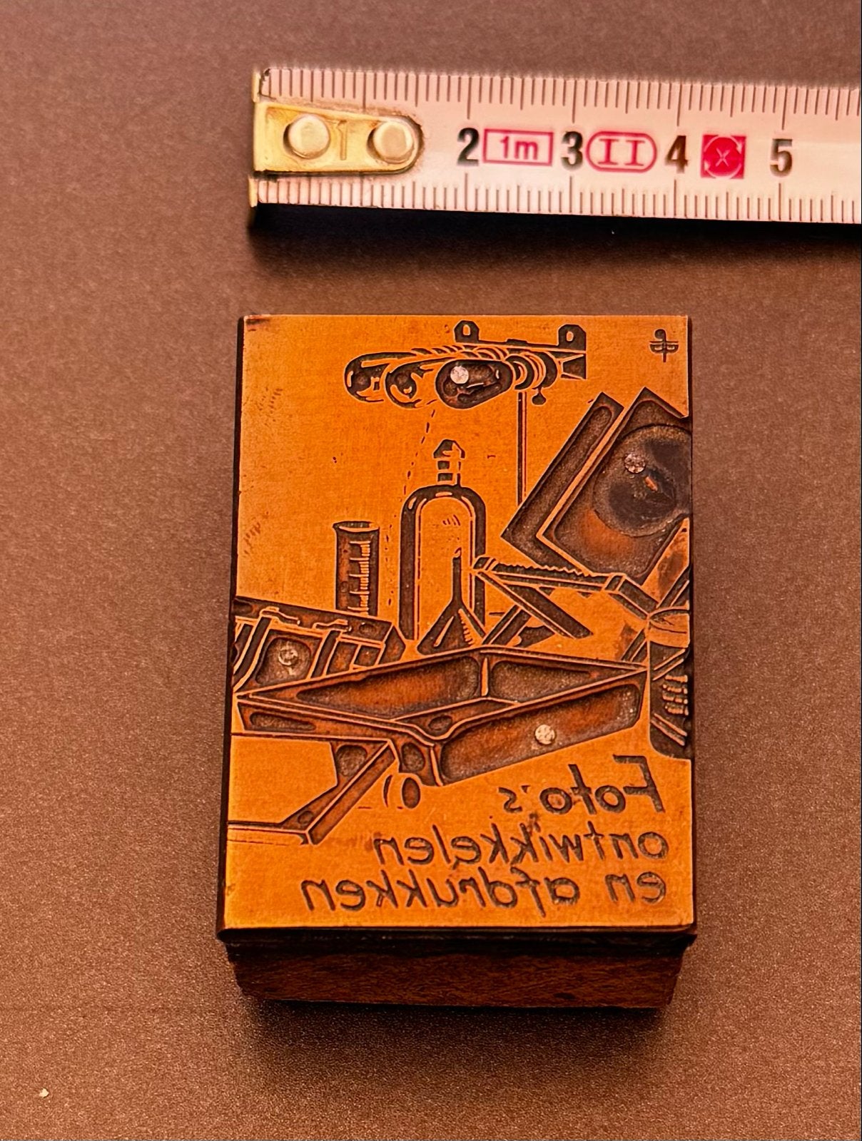 Antiek koperen printblok fotograaf reclame 4x5,5cm, Ophalen of Verzenden