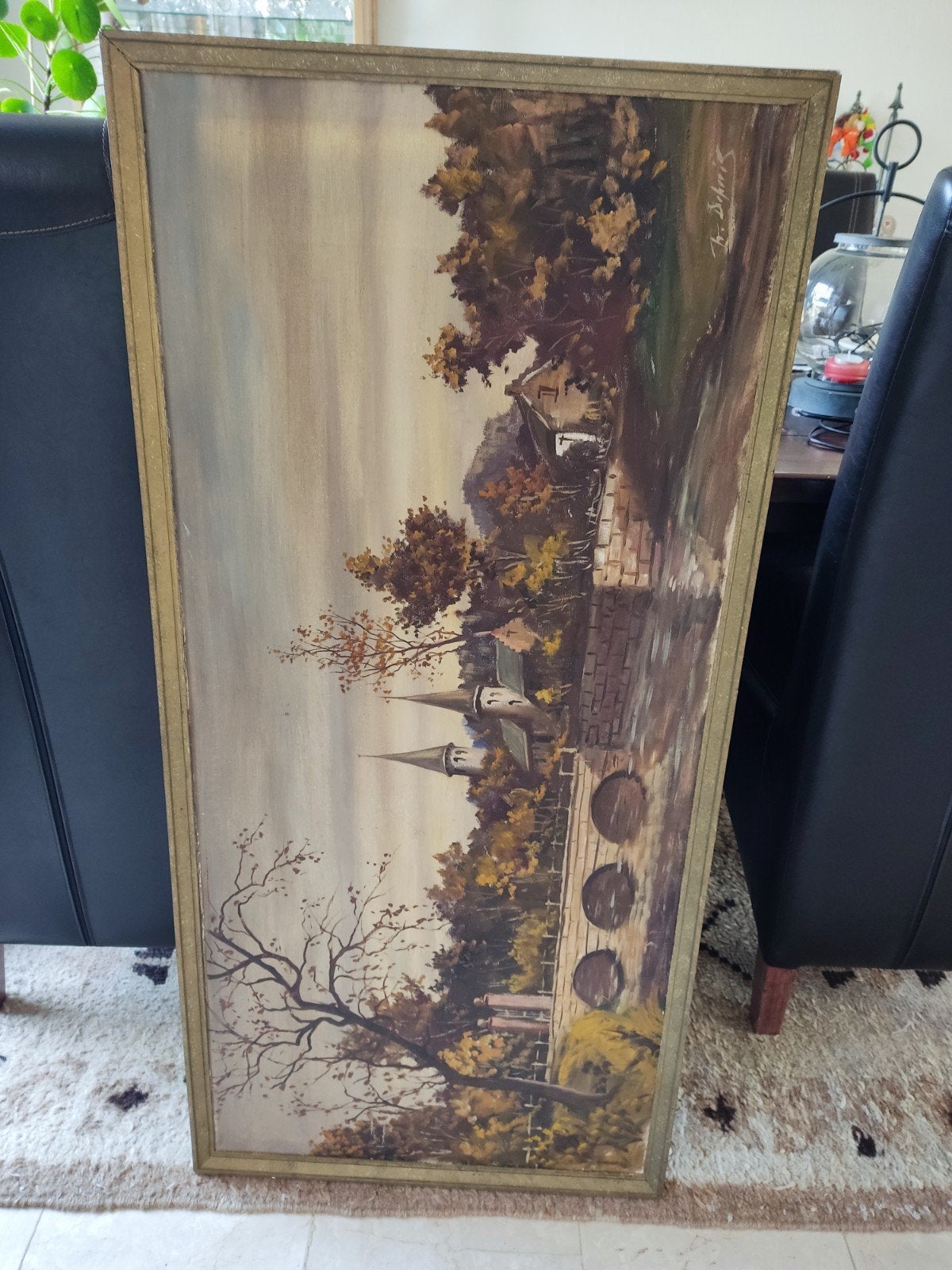 Sfeervol dorpsgezicht schilderij, 114x54 cm, Doek, Realistisch, Origineel werk, Ophalen of Verzenden
