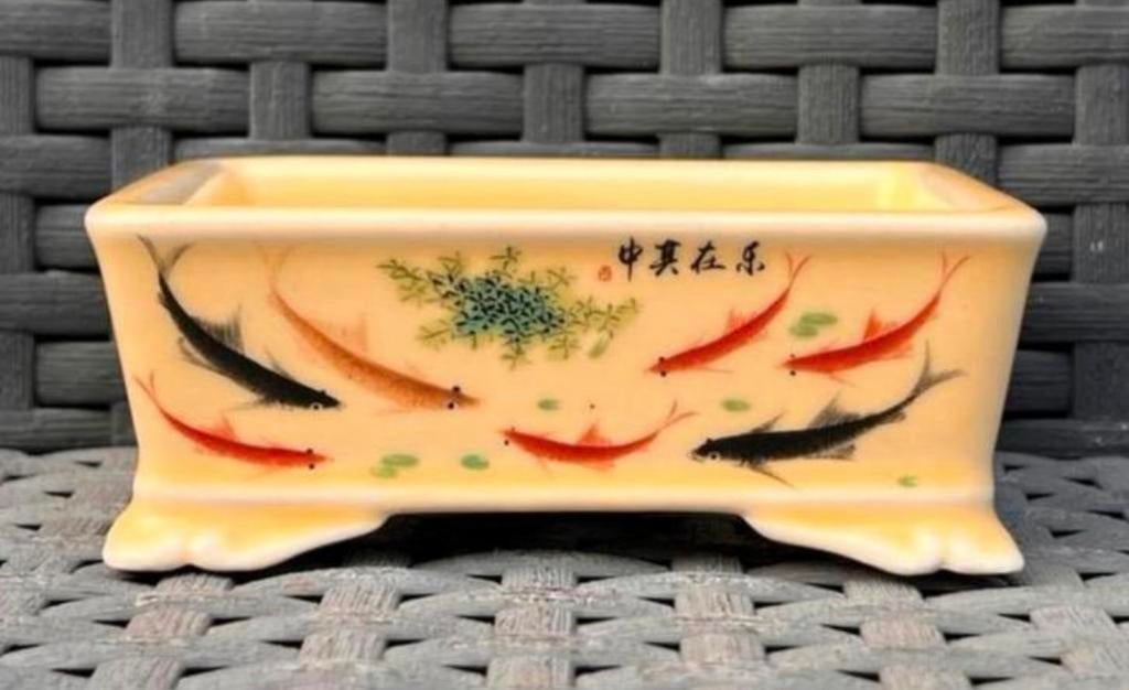 Bonsai schaal handgemaakt geel gemerkt Koi 10x7,6x3,8, Nieuw, Ophalen of Verzenden, Aardewerk, Rechthoekig