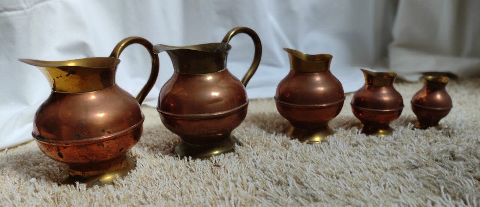 Set van 5 koperen en messing kannetjes, Antiek en Kunst, Ophalen of Verzenden, Koper