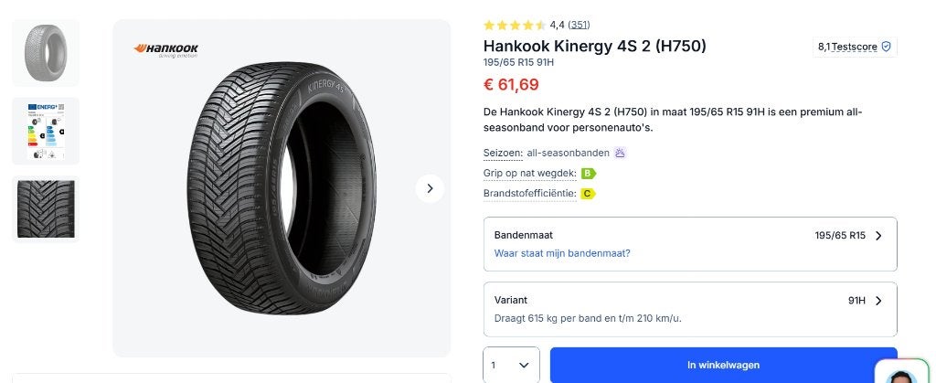 Nieuwe Hankook Kinergy 4S 195/65R15 91H All Season banden, Ophalen, 15 inch, Nieuw, All Season