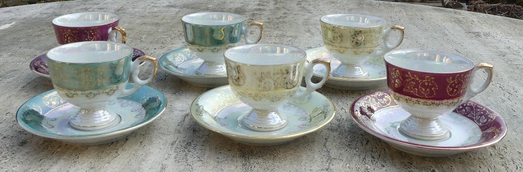 Set 6 Parelmoer Kop- en Schotels met Gouden Bloem Kado Tip, Overige merken, Klassiek, Nieuw, Ophalen of Verzenden
