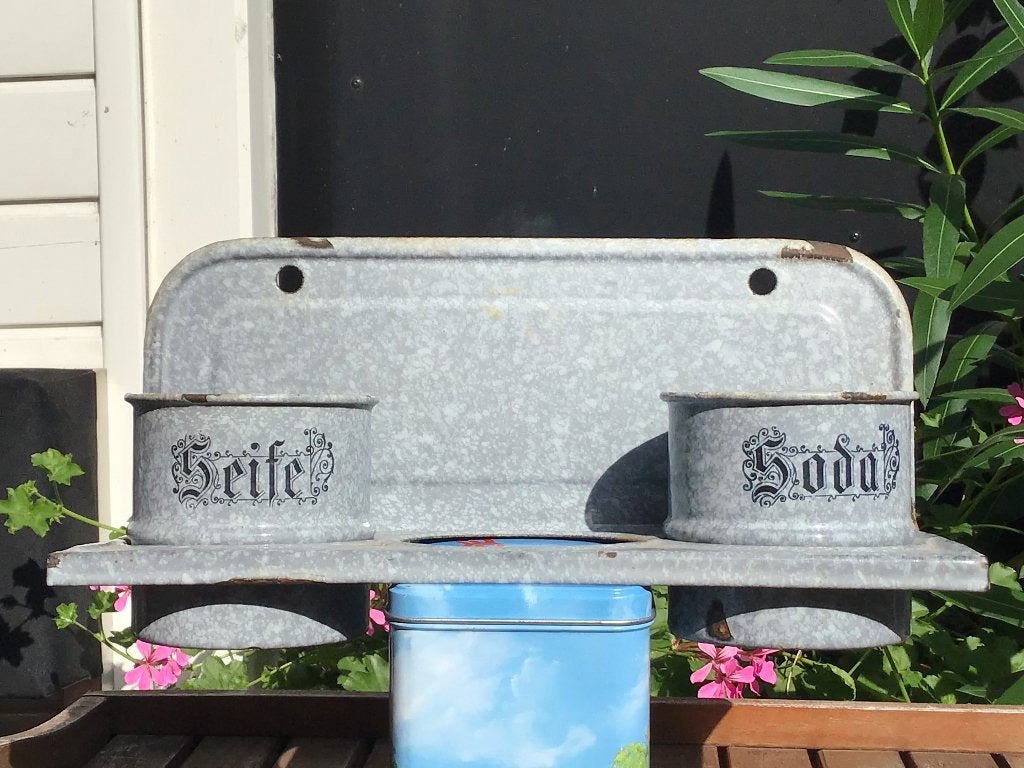 Antieke zeep en soda set met houder; grijs gewolkt, Antiek en Kunst, Ophalen of Verzenden