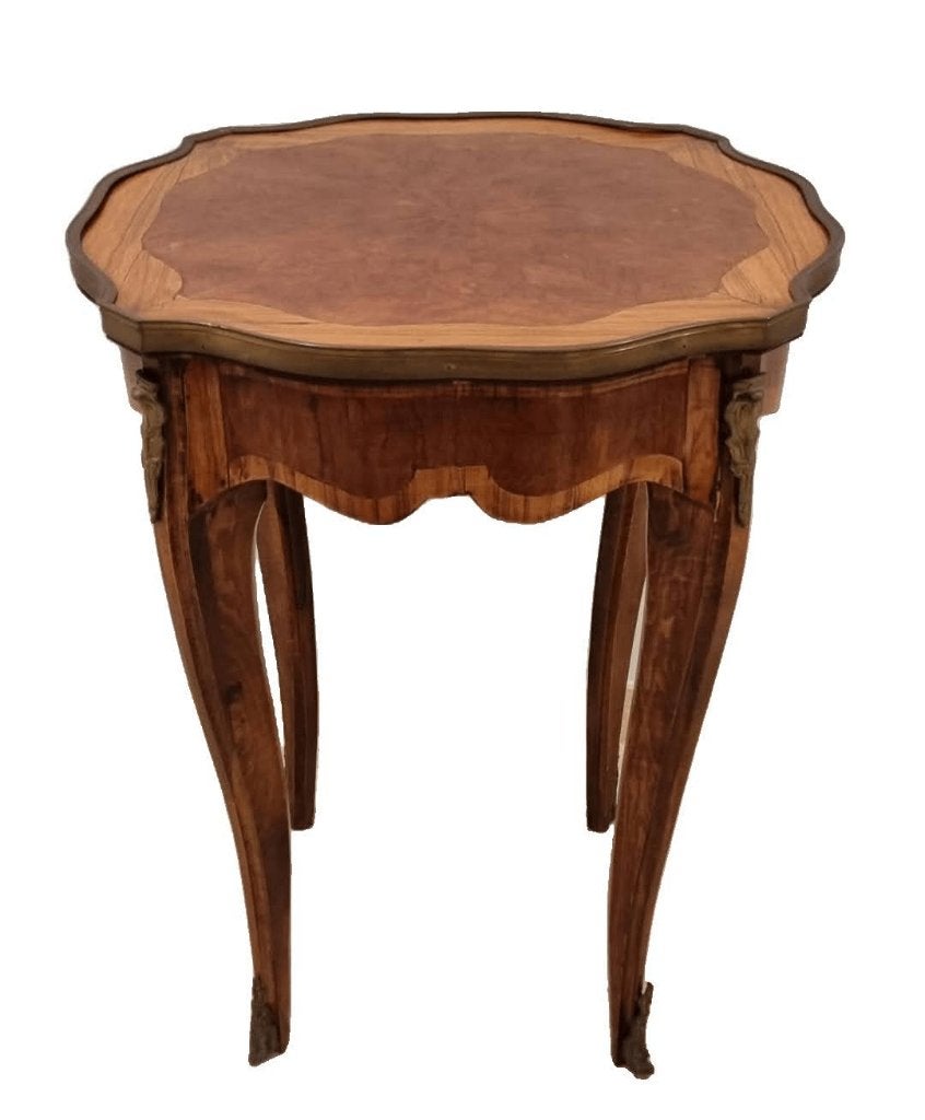 Bijzettafel in marquetterie met brons beslag., Rond, Zo goed als nieuw, 60 cm of meer, 55 tot 75 cm