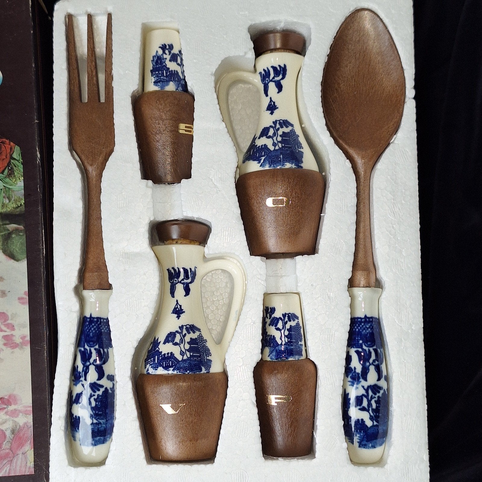 Blue Willow vintage salade bestek Asia set, Ophalen of Verzenden, Zo goed als nieuw, Kunststof