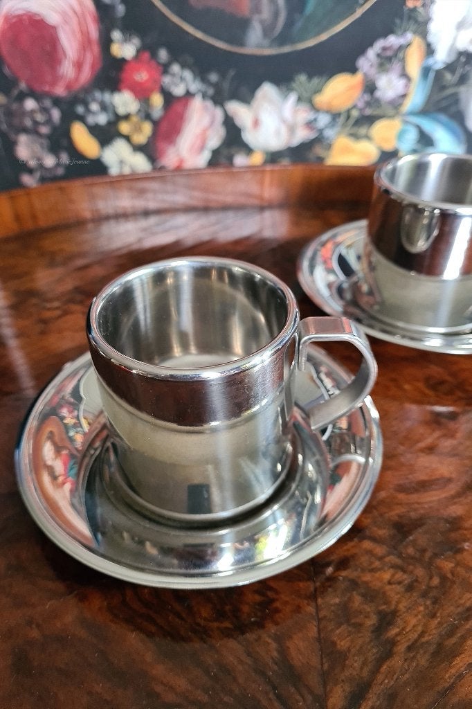 Meber Italy set 2 dubbelwandige espresso kop met schotel., Overige merken, Ophalen of Verzenden, Zo goed als nieuw, Overige stijlen