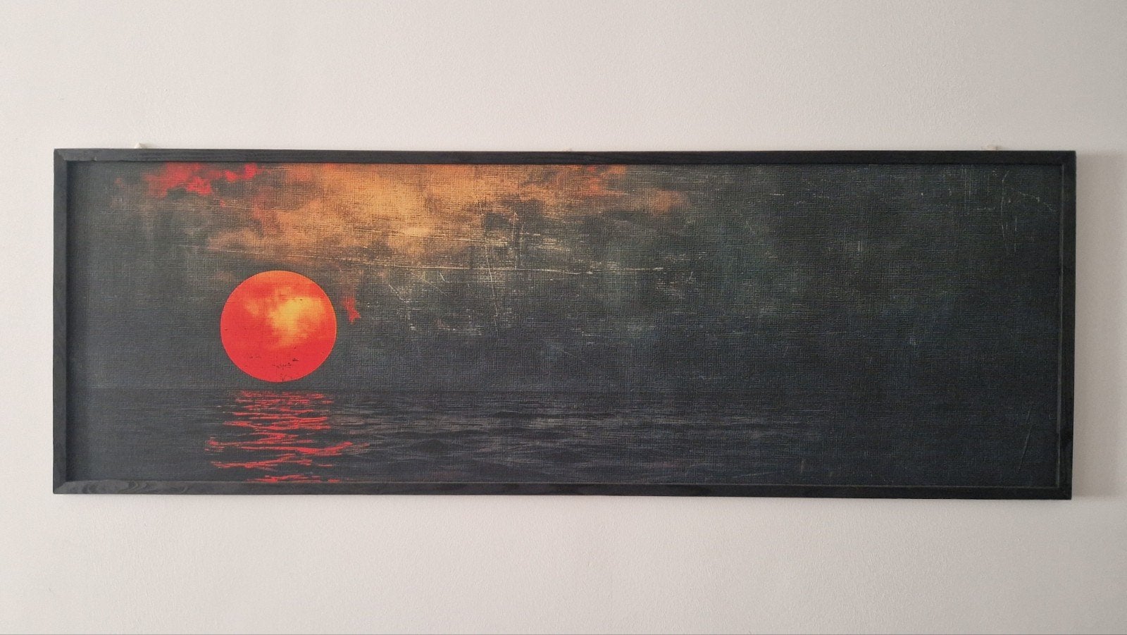 Schilderij zonsondergang boven water, 50x150 cm, Antiek en Kunst, Kunst | Schilderijen | Modern, Hout, Op houten frame, Olieverf