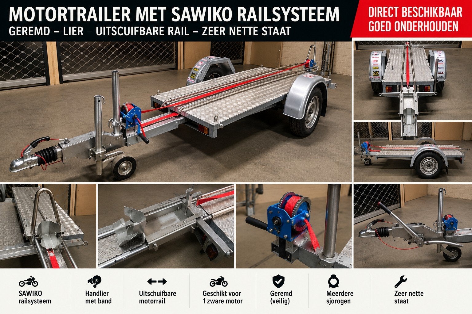 Motortrailer met SAWIKO railsysteem – Geremd – Met lier, Auto diversen, Ophalen of Verzenden, Gebruikt