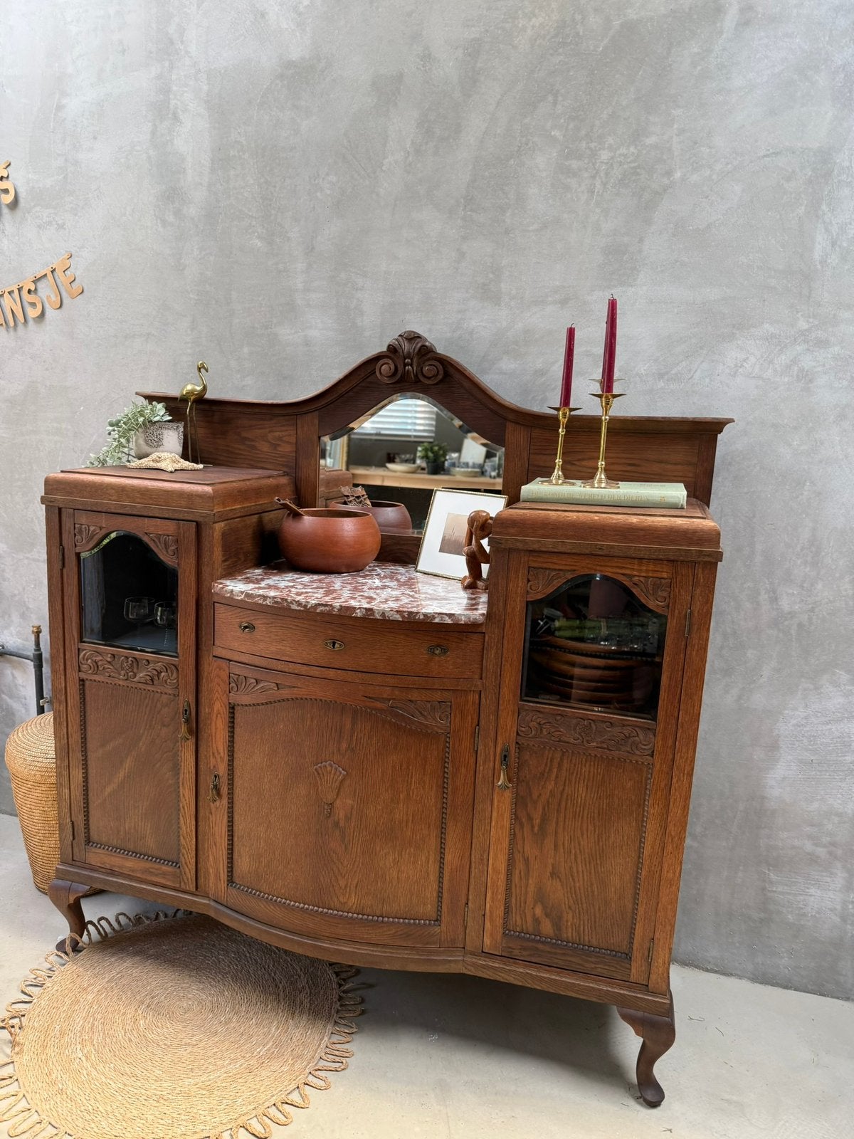 Antiek dressoir met spiegel en marmeren blad, Ophalen, Antiek - brocant, Gebruikt, 100 tot 150 cm