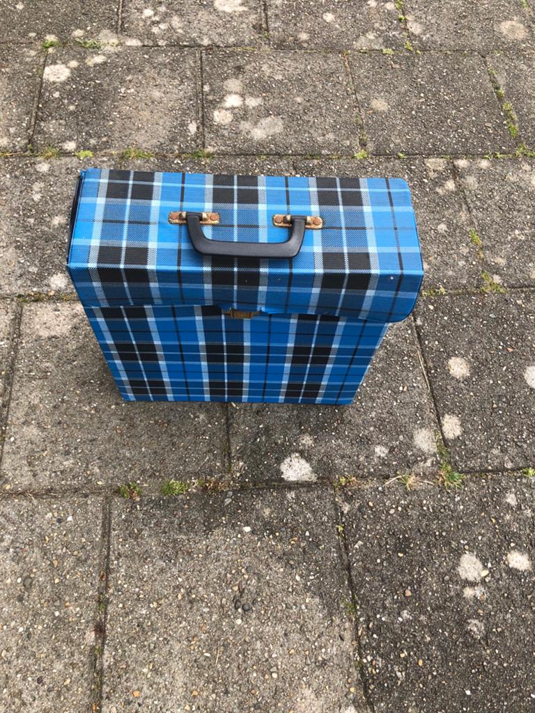 Vintage platenkoffer blauw geruit - Beschadigd, Ophalen of Verzenden, Gebruikt