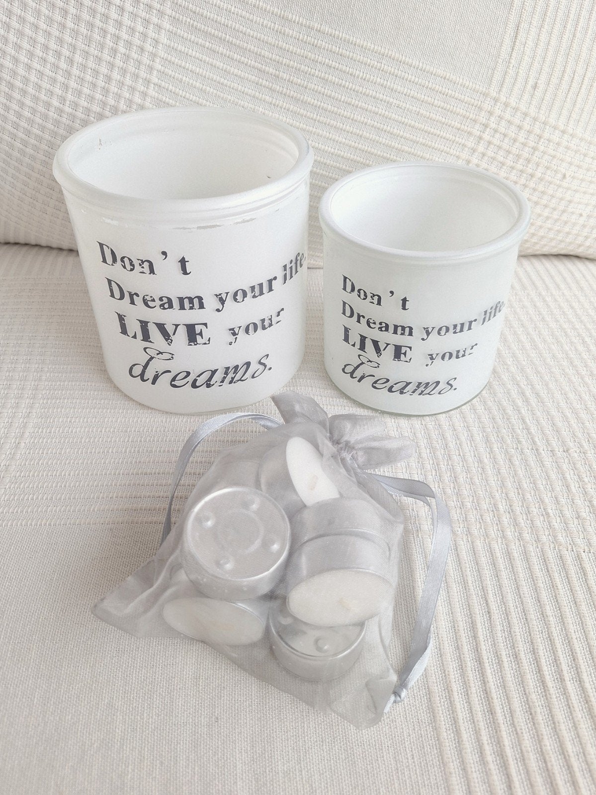 NIEUW! Set van 2 windlichten en zakje waxinelichtjes, Ophalen, Windlicht, Wit, Nieuw