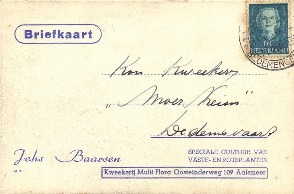Johs Baarsen, Aalsmeer - 03.1950 - briefkaart, Postzegels en Munten, Ophalen of Verzenden, Briefkaart