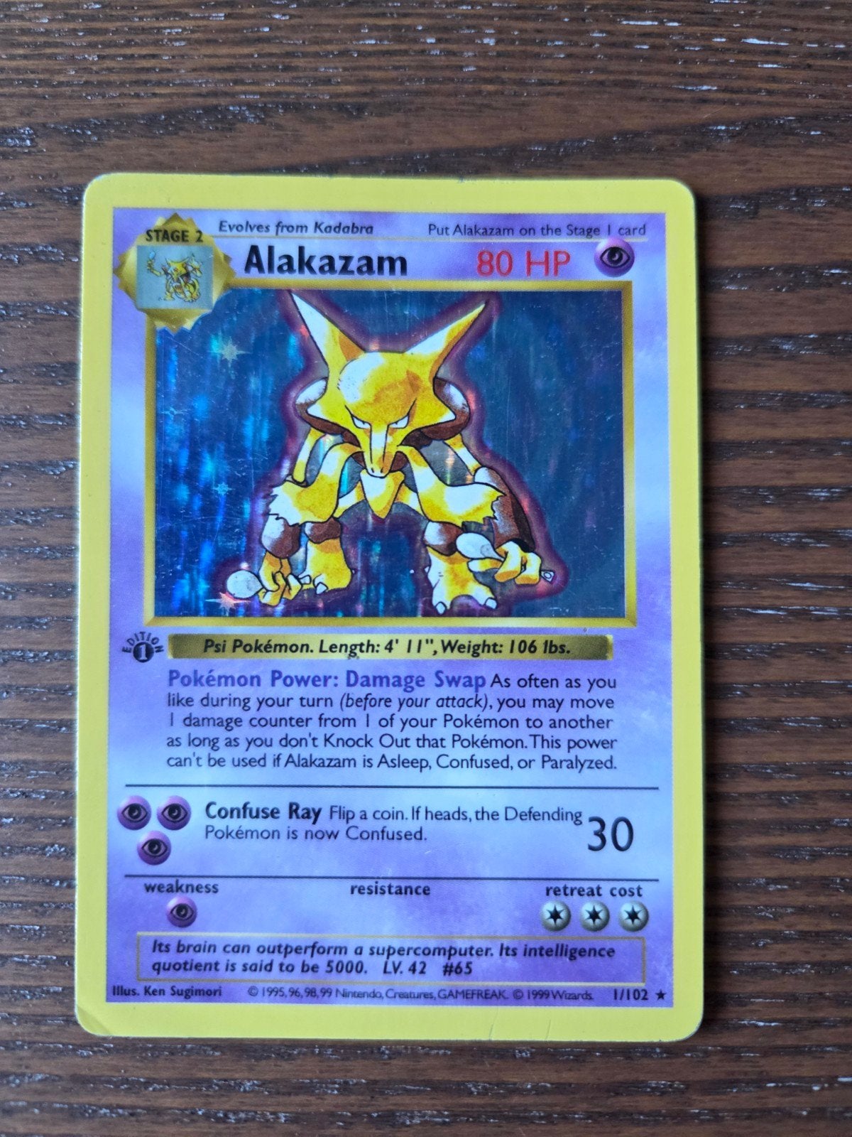 Alakazam 1st Edition Holo - Base Set Pokémon Kaart, Ophalen of Verzenden, Gebruikt, Losse kaart, Foil