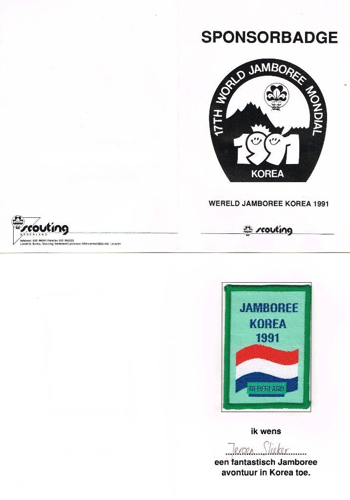 scouting Wereld Jamboree 1991 SPONSORBADGE deelnemer (type1), Ophalen of Verzenden, Gebruikt, Embleem, Speld of Insigne