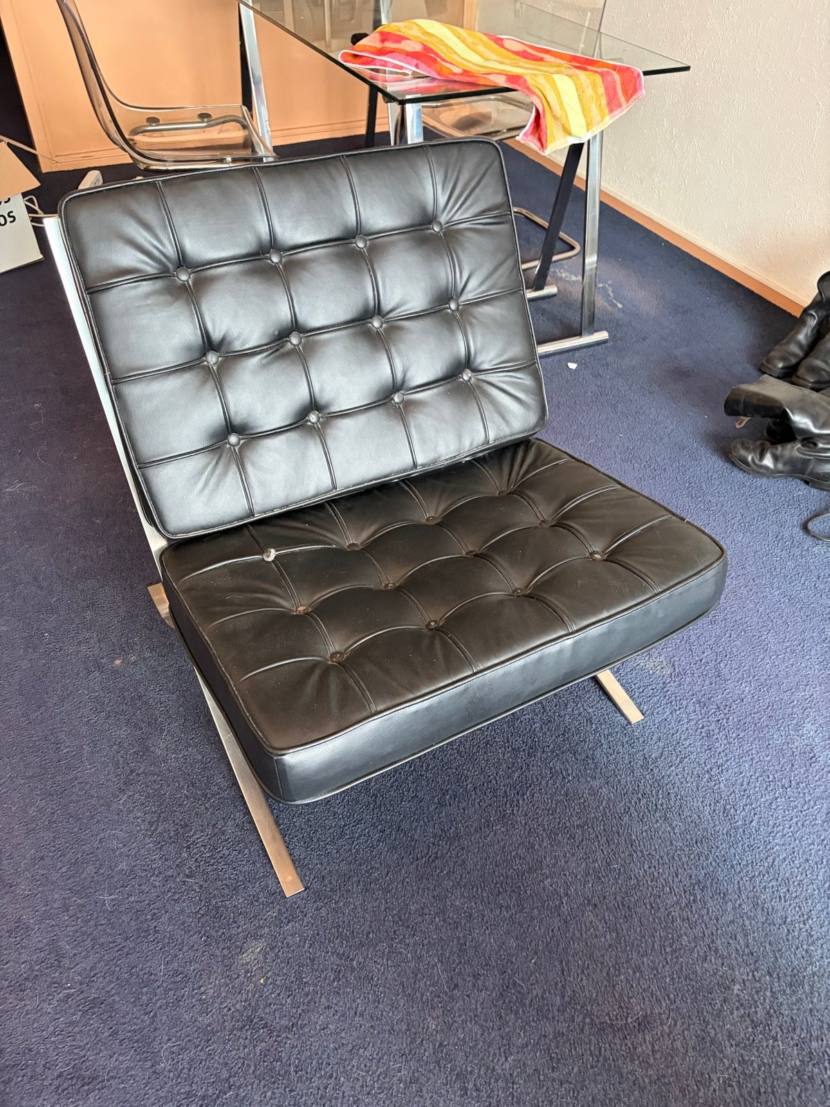 Barcelona Chair met hocker - zwart leer - RVS, Ophalen, Gebruikt, Zwart, Leer