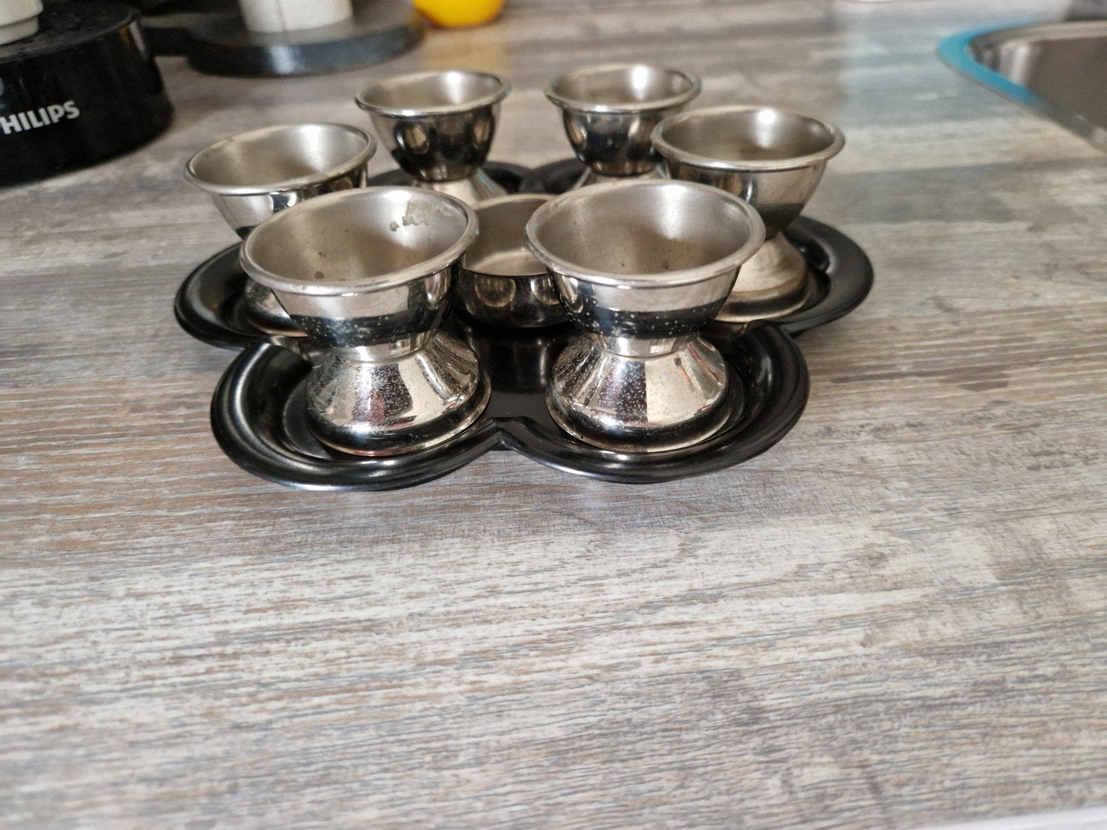 Set van 6 eierdopjes met dienblad, Zilver, Ophalen of Verzenden, Metaal, Overige merken