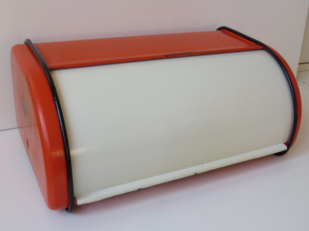 Vintage retro oranje witte metalen Brabantia broodtrommel, Ophalen of Verzenden, Huis en Inrichting