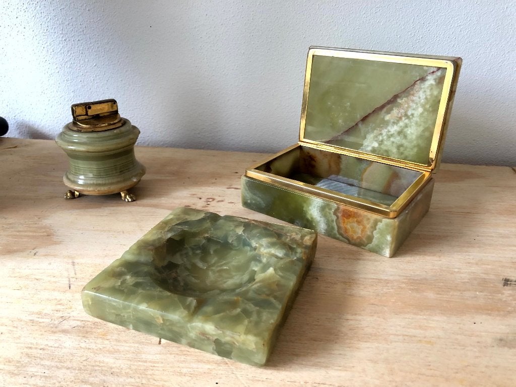Vintage Groen Marmer Onyx Smoke Set Mid-Century Natuursteen, Ophalen of Verzenden