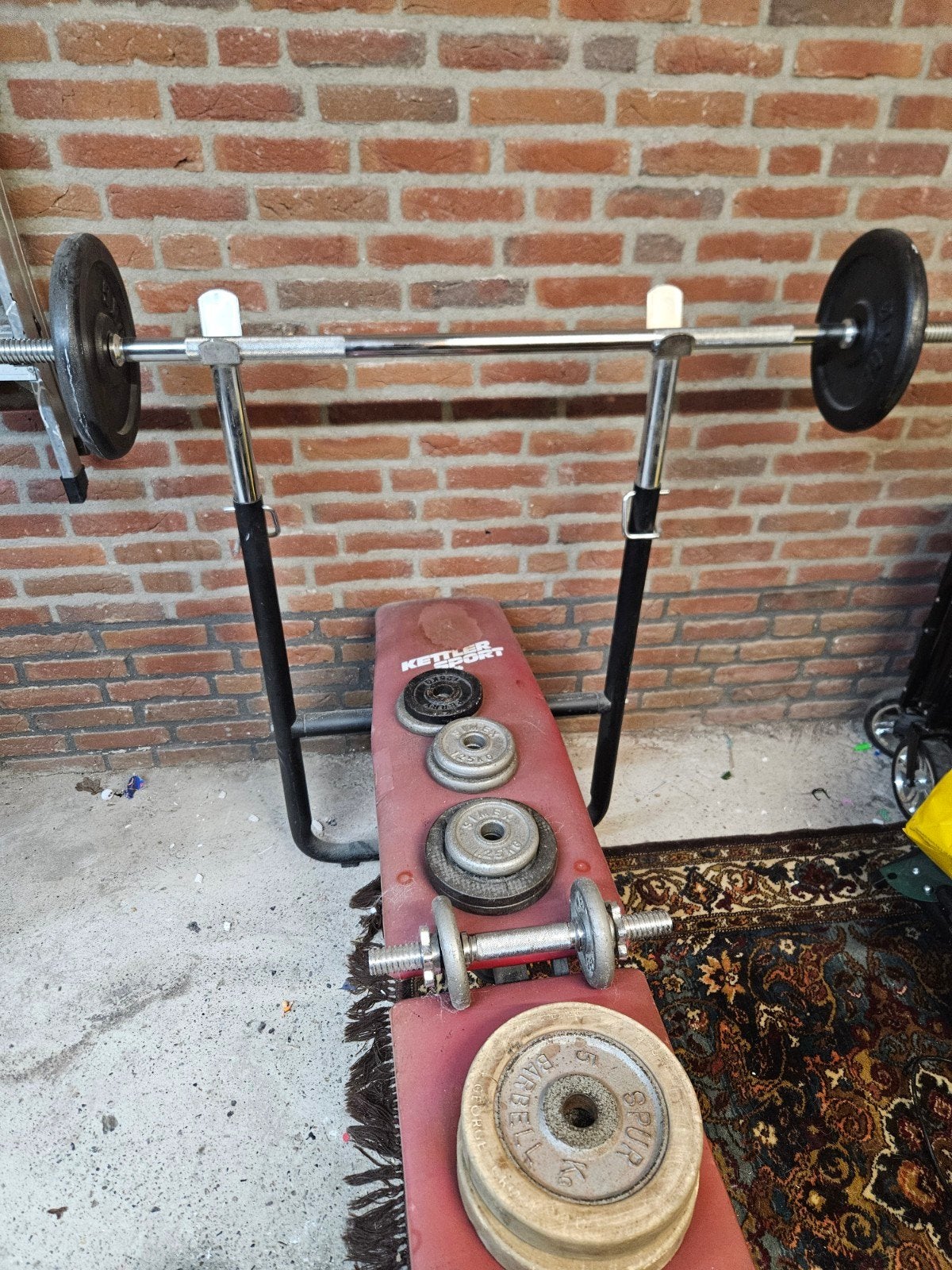 benchpress  met halterset en gewichten, Ophalen, Gebruikt, Rug, Fitnessbank