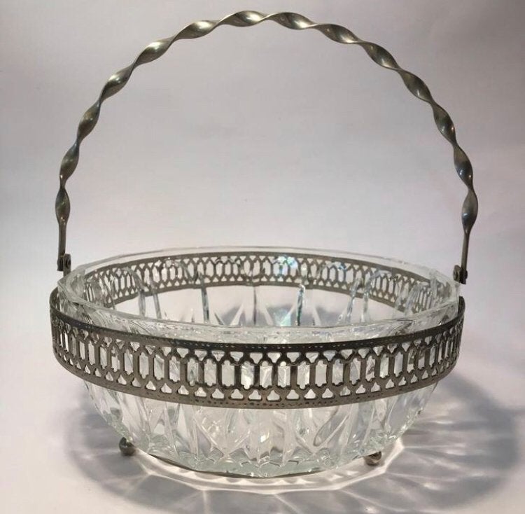 Brocante vintage glazen schaal in metalen houder, Ophalen of Verzenden