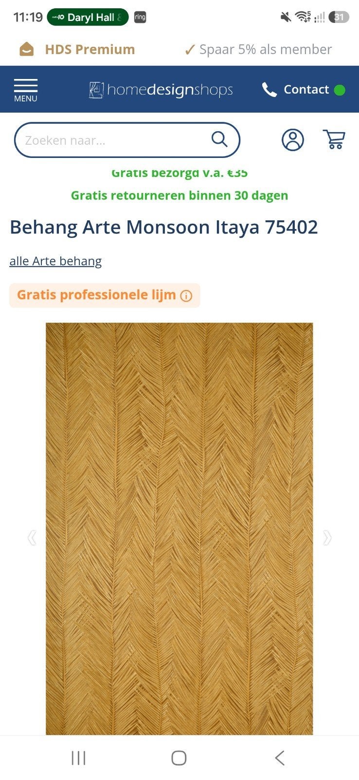 gezocht! 1 baan Arte Monsoon Itaya 75402, Huis en Inrichting, Stoffering | Behang, Materiaallook, Natuurlijk, Arte, Ophalen of Verzenden