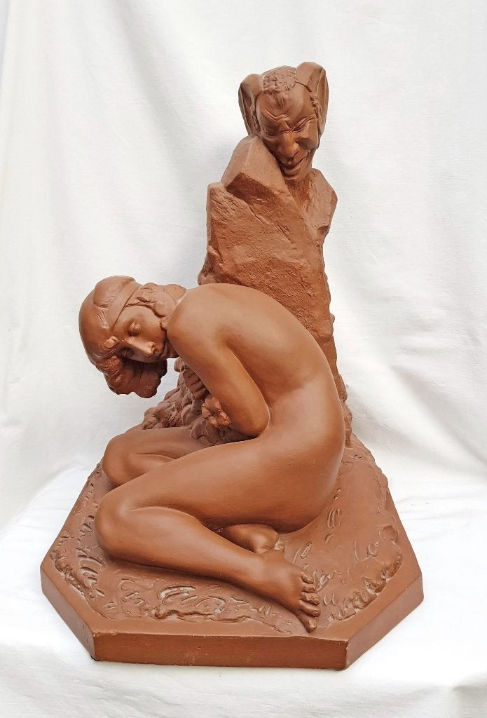 Naakt met Sater (60 cm) - Van De Voorde - Art Nouveau., Gemerkt, Art nouveau, Steen of Keramiek, Beeld