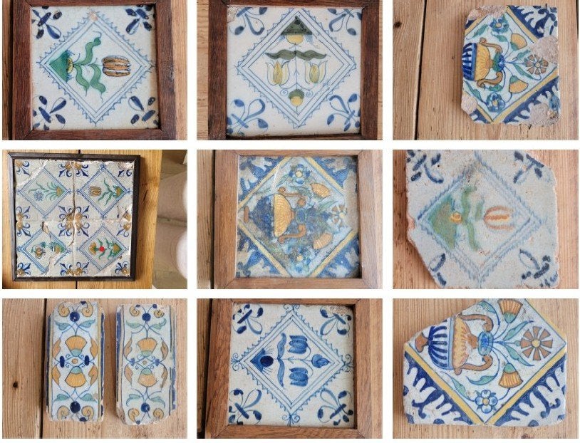 Partij antieke Majolica / Goudse tegels (17e eeuw) –11 stuks, Antiek en Kunst, Antiek | Wandborden en Tegels, Ophalen of Verzenden