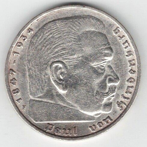 26-634 Duitsland 5 mark 1936F, Postzegels en Munten, Munten | Europa | Niet-Euromunten, Ophalen of Verzenden, Duitsland, Losse munt