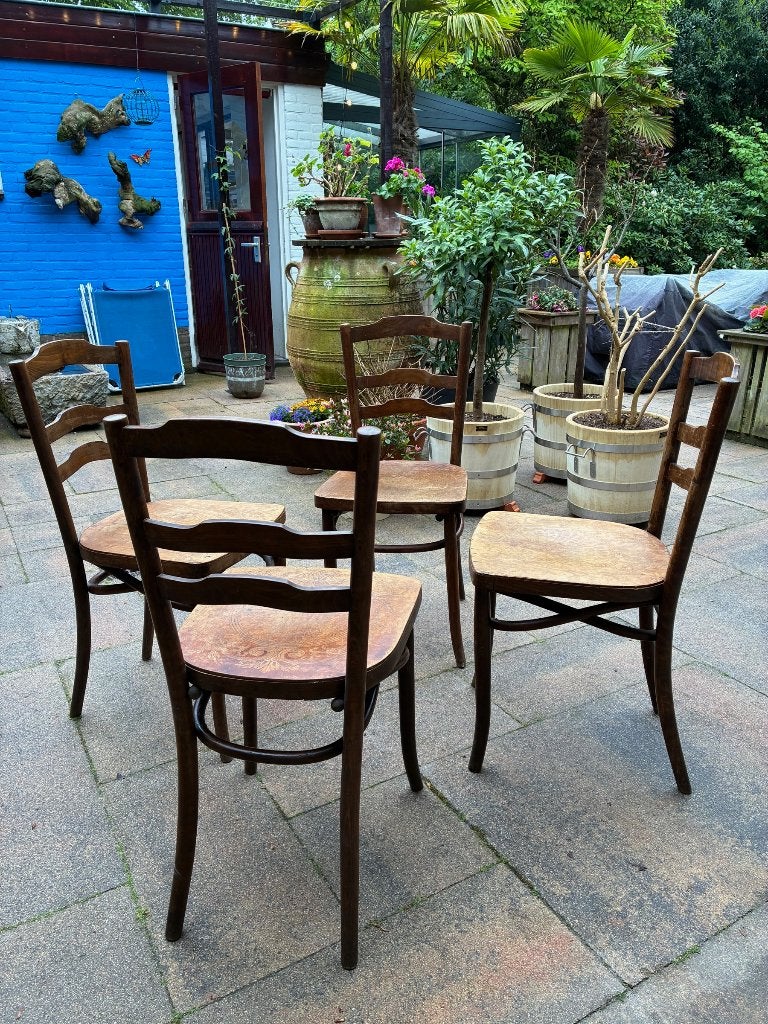 Set van 4 vintage bentwood (Thonet‑stijl) caféstoelen, Ophalen, Gebruikt, Bruin, Thonet