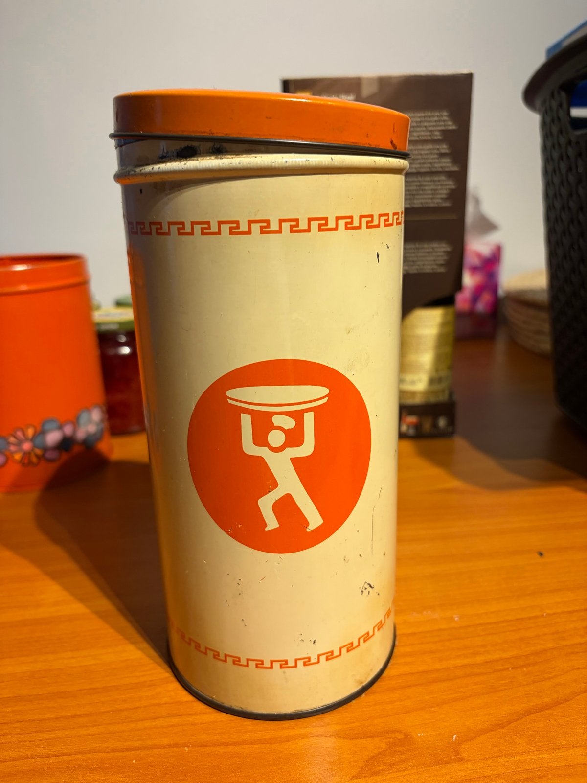 Vintage bolletje beschuitbus oranje/beige, Verzenden, Gebruikt, Overige